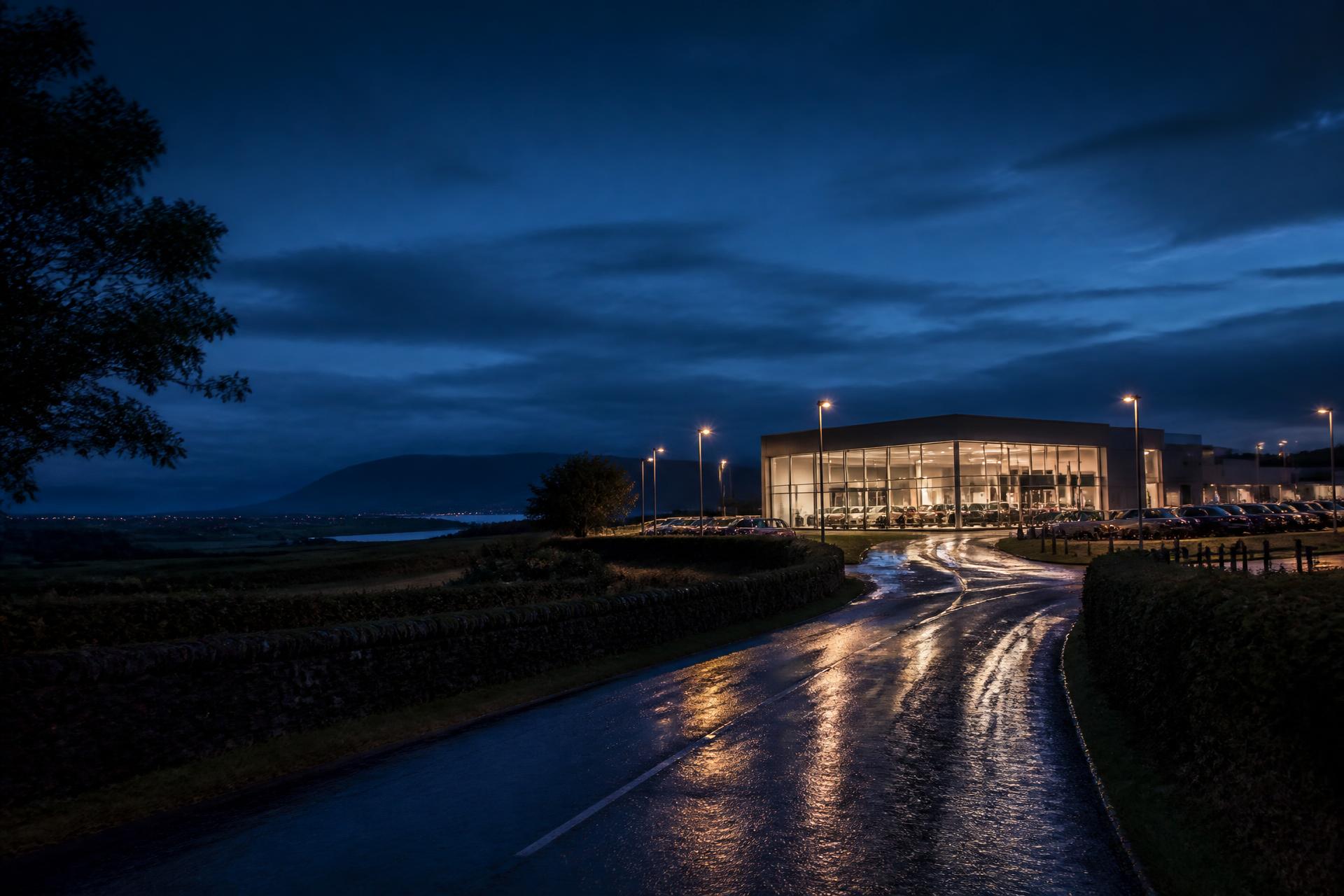 Irish country road leading to a glass-fronted dealership at dusk